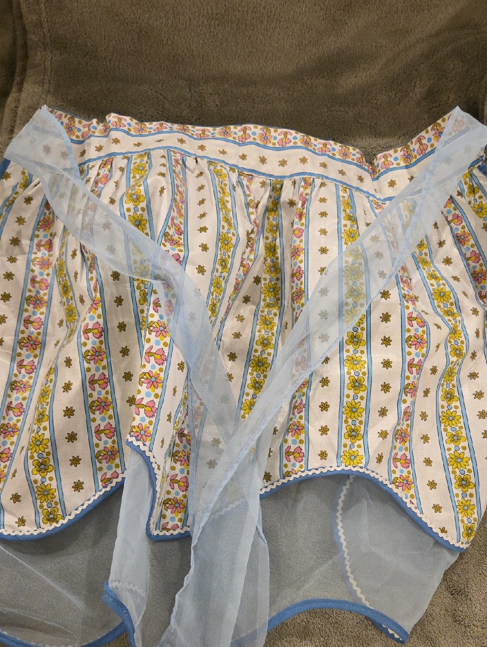 Vintage Reversible Floral Stripe Apron with Sheer Blue Ties